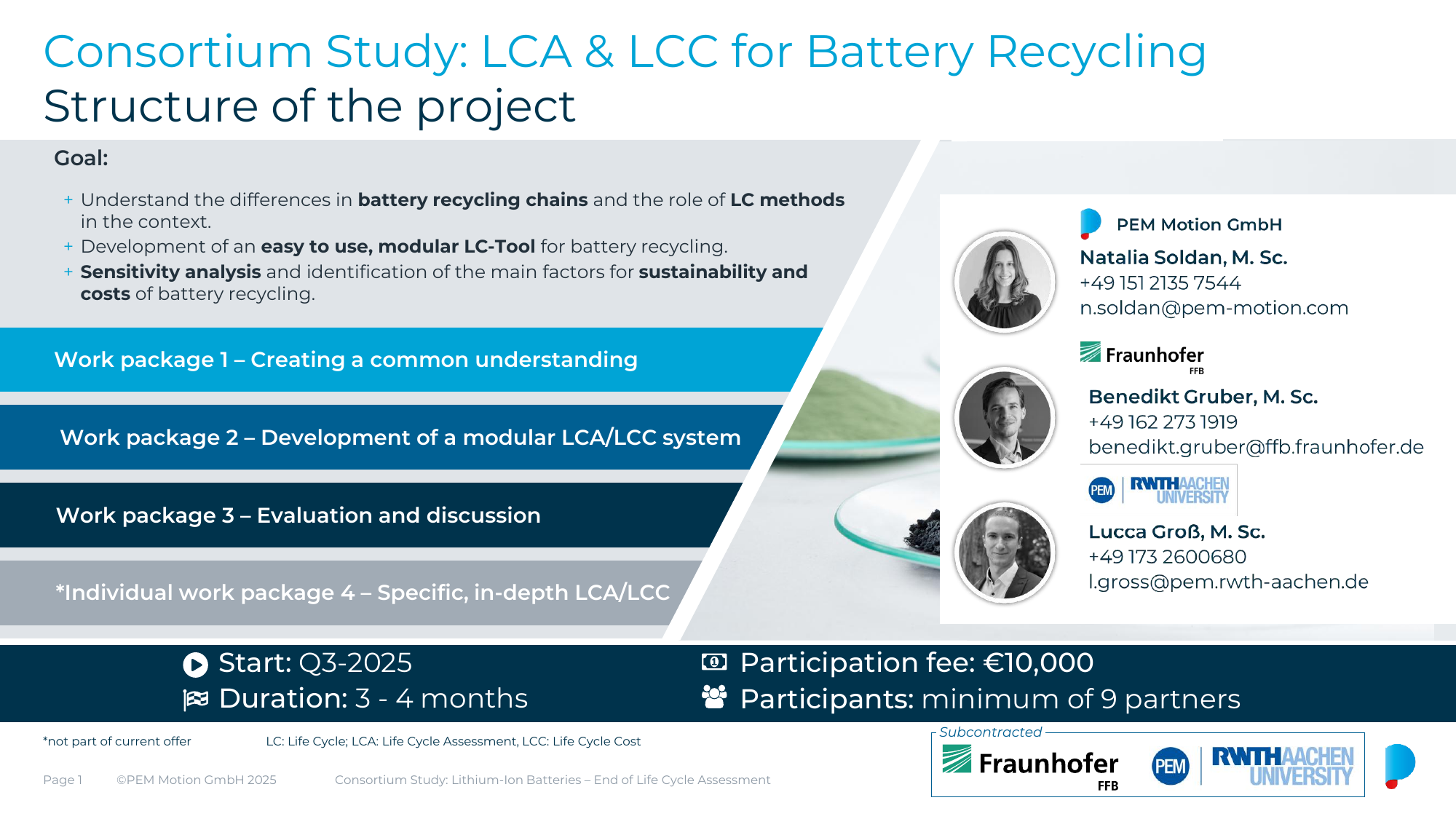 Onepager zur Consortium Study zur ökologischen und ökonomischen Bewertung von Batterierecycling (LCA & LCC) mit Projektstruktur und Zielen