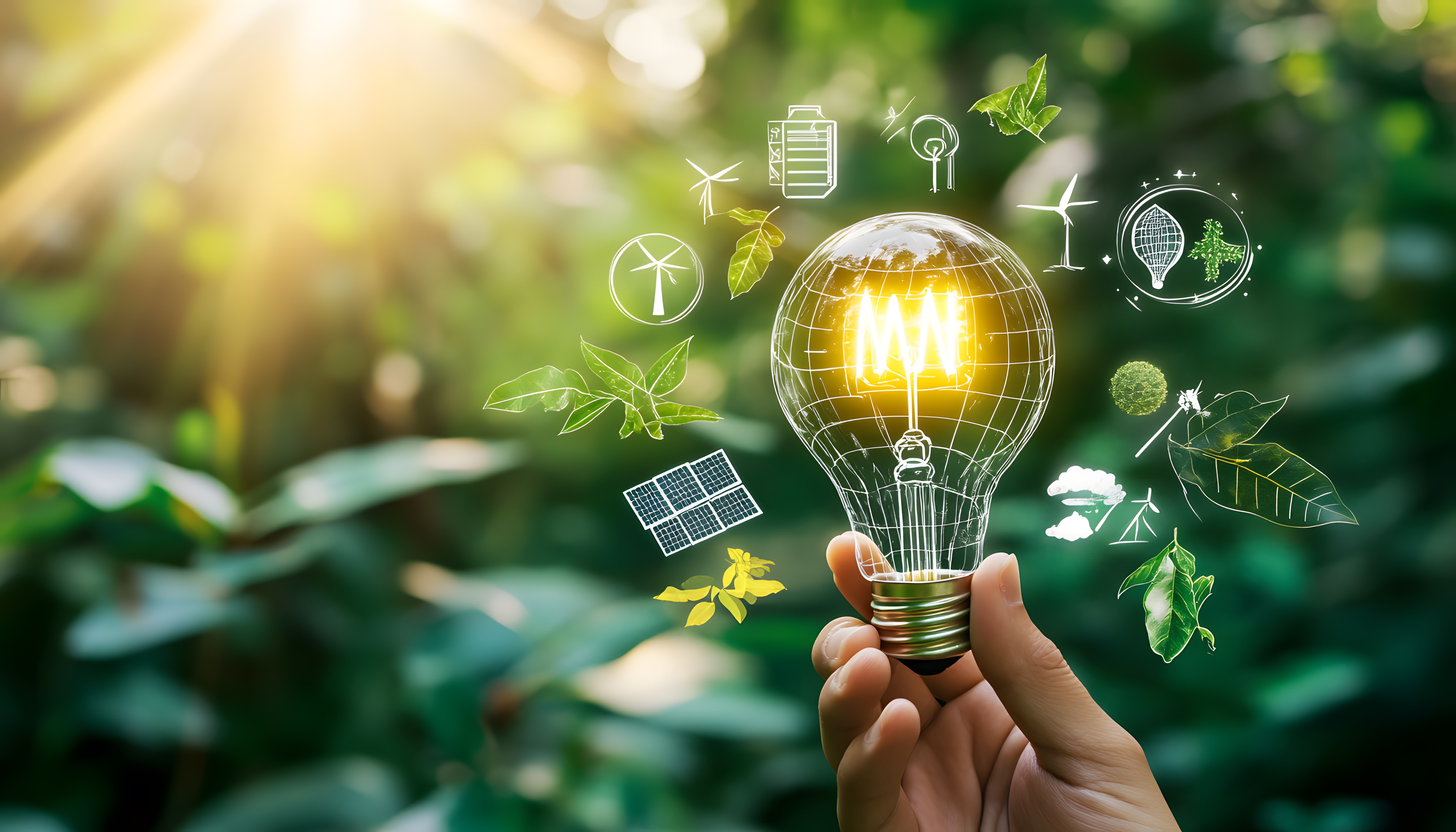 A hand holds a glowing lightbulb surrounded by green leaves and renewable energy icons symbolizing sustainable energy solutions.